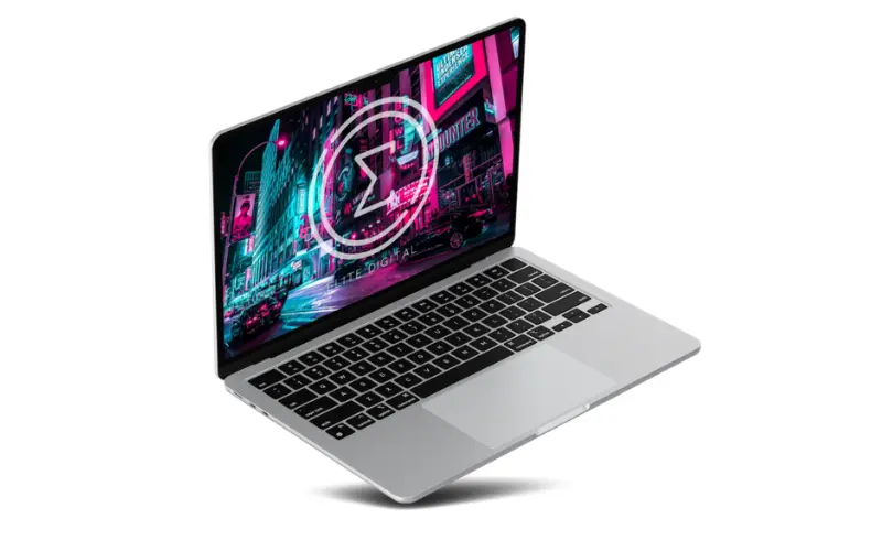 Laptop with vibrant technology-themed wallpaper.