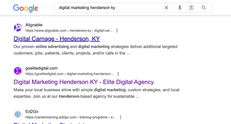 Screenshot of Google search results for digital marketing henderson ky.