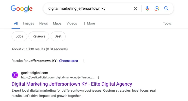 Google search results for Jeffersontown KY digital marketing agencies.